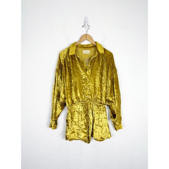 Urban Outfitters New Moon Velvet Romper Cinched Waist Tie Slouchy Gold Medium - Picture 3 of 14